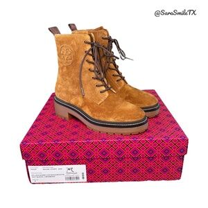 TORY BURCH Miller 50MM Lug Sole Bootie Tan Suede Combat Boots - NIB